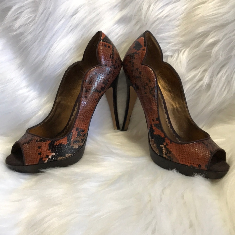 Beautiful Lulu Townsend Cerise Stiletto Python Print Peeptoes